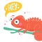 Cute orange chameleon sitting on the green branch and with word hey on white background, vector illustration. Cartoon