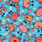 Cute orange crab and yellow jellyfish with random bubbles. Seamless vector pattern on blue background with transparent