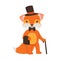 Cute orange fox gentleman character, funny cartoon forest animal posing in a black hat and cane vector Illustration