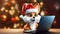 cute, orange foxy baby boy in a santa hat is working on his laptop. Bokeh in the background. Bright