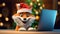 cute, orange foxy baby boy in a santa hat is working on his laptop. Bokeh in the background. Bright