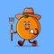 Cute Orange fruit Farmer character with pitchfork. Fruit character icon concept isolated. flat cartoon style Premium Vector