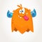 Cute orange horned cartoon monster. Funny flying monster showing tongue. Halloween vector illustration.