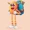 Cute orange monster carrying a schoolbag, backpack, back to school