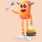 Cute orange monster holding spanner and tolls box