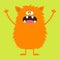 Cute orange monster icon. Happy Halloween. Cartoon colorful scary funny character. Eyes, tongue, fang, ears, holding hands up. Fun