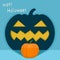 Cute orange pumpkin with spooky evil monster Halloween shadow lanterns on dark blue wall. Vector illustration