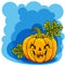 Cute orange pumpkins monster with a carved horrible smile. Happy Halloween vector illustration in a cartoon style for