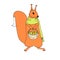 Cute orange squirrel with basket walnuts, in green scarf. Colorful hand drawn cartoons sketch