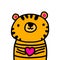 Cute orange tiger holding heart symbol hand drawn vector illustration in cartoon comic style