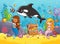 Cute orca whale swims. Vector illustration on the marine theme