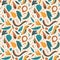 Cute oriental abstract seamless pattern, Japanese anime vector drawing. Beige, yellow, blue, orange retro colours