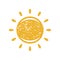 Cute ornamental bright yellow circle sun shining beams at summer sunny day solar weather climate