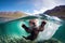 cute otter diving into crystal-clear lake, with its head popping up and paws waving