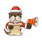 cute otter wearing santa costume holding megaphone and reading script ad, cartoon animal mascot in christmas costume