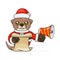 cute otter wearing santa costume holding megaphone and reading script ad, cartoon animal mascot in christmas costume