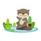 Cute otters sitting on rocks cartoon illustration