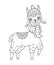 Cute outline doodle llama in hat and scarf with hand drawn elements
