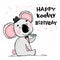 Cute outline drawing happy grey and pink koala wear black hat and bow, Happy koality birthday. Animal character flat vector idea