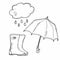 Cute outline illustration of cloud, rubber boots and umbrella. Weather concept. Rainy day. Cloud holds the umbrella. Hand drawn