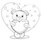 Cute outline teddy bear with a hear in his paws. Teddy bear on a white background with hearts.