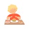 Cute Overweight Boy Eating Burger, Kid Enjoying Eating of Fast Food Vector Illustration