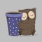 Cute owl with coffee cup. Sleeping bird, cartoon hand drawn wild animal with take away mug vector print