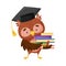 Cute Owl in Graduation Hat Carrying Pile of Books Vector Illustration