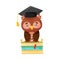 Cute Owl in Graduation Hat Sitting on Pile of Books Vector Illustration