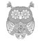 Cute owl illustration. Ornate patterned bird. Picture for coloring. Simbol for printing.