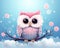 cute owl in light blue and pink pastels.