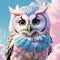 cute owl in light blue and pink pastels isolated