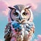 cute owl in light blue and pink pastels isolated