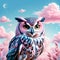 cute owl in light blue and pink pastels isolated