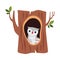 Cute Owl with Little Owlet as Forest Habitant Sitting in Tree Hollow Vector Illustration