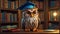 Cute owl wearing a bachelor\\\'s cap in the library smart