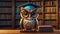 Cute owl wearing a bachelor\\\'s cap in the library smart learning