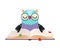 Cute owlet in glasses reading book. Funny smart bird character. Kids education concept cartoon vector illustration