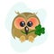 Cute owlet with a shamrock in its beak. Cartoon smiling character. Isolated vector illustration with funny bird for St. Patrick`s