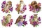 Cute owls in flowers on an isolated white background, kids funny poster. Watercolor drawing birds