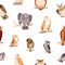 Cute owls pattern. Seamless background, funny realistic wild birds, owlets, repeating print. Endless nature texture