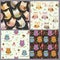 Cute owls seamless patterns set. Funny animals backgrounds