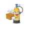 Cute oxygen cylinder cartoon character having a box