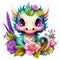 Cute painting of a adorable Smile Baby Dragon Colorful with Flower