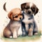 Cute pair of dogs side by side. Watercolor. Storybook. Nursery. AI generated