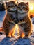 A cute pair of kittens are standing hugging each other with sunset.