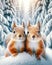 A Cute Pair Squirrels Small Animals Snowfall Forest Woodland Critters Winter Canada AI Generated