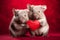 Cute pair of wombats holding red heart in front of studio background