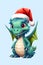 Cute pale green dragon in a red christmas hat on a blue background, cartoon, isolated. Generative AI