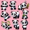 Cute panda. Adorable little asian bears in different poses, sleeping and playing, eating bamboo, funny pandas in jungle